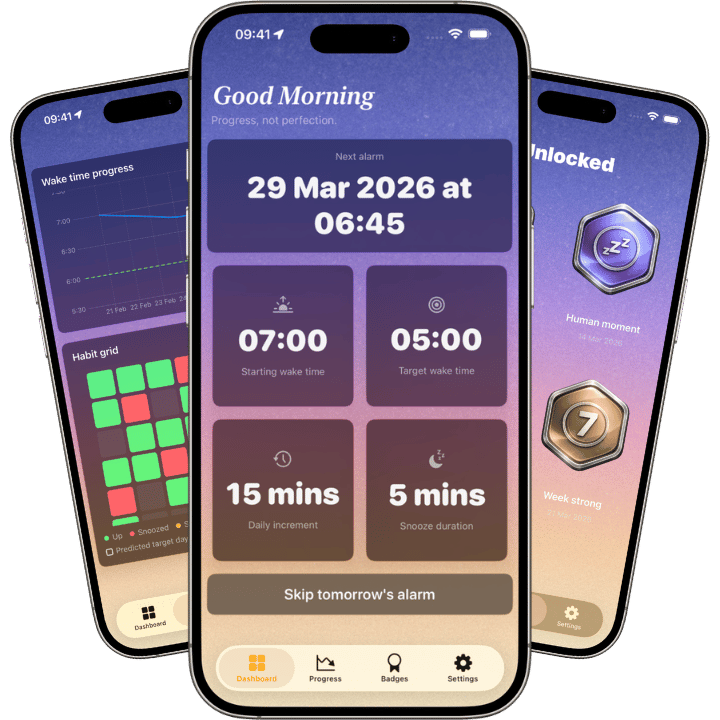 Riser app screenshots showing gradual wake-up plan, progress tracking, and achievement badges