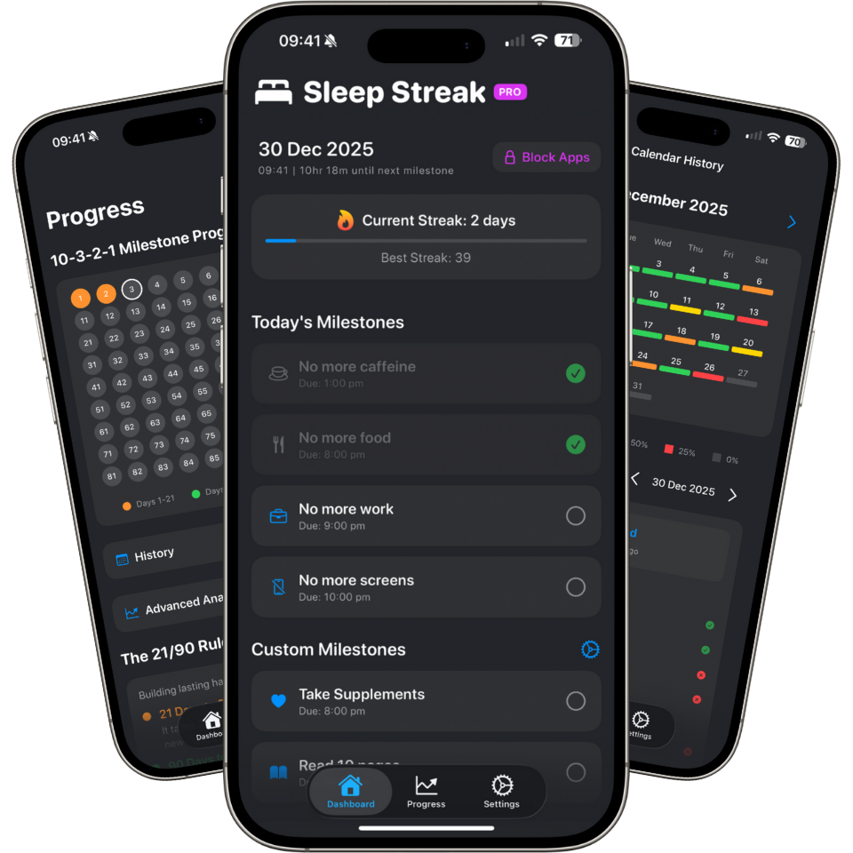 Sleep Streak app screenshots showing sleep tracking features and habit building tools