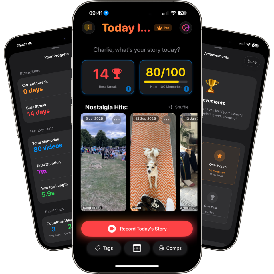 Today I app screenshots showing video diary features and memory bank interface