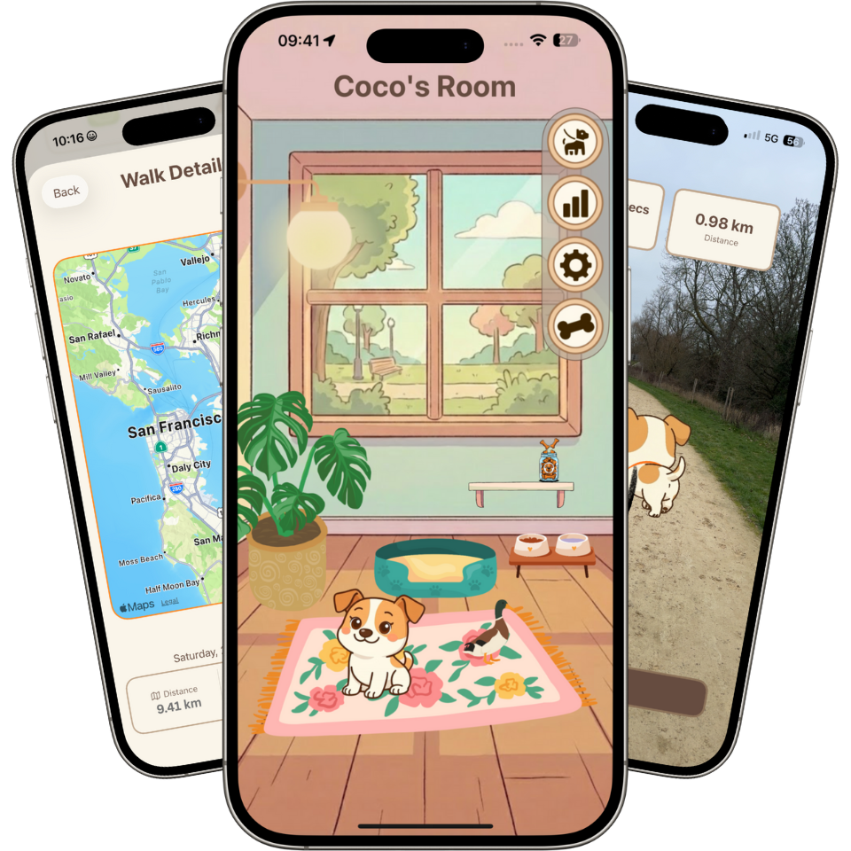 Walk with Coco app screenshots showing virtual pet companion and walking tracking features